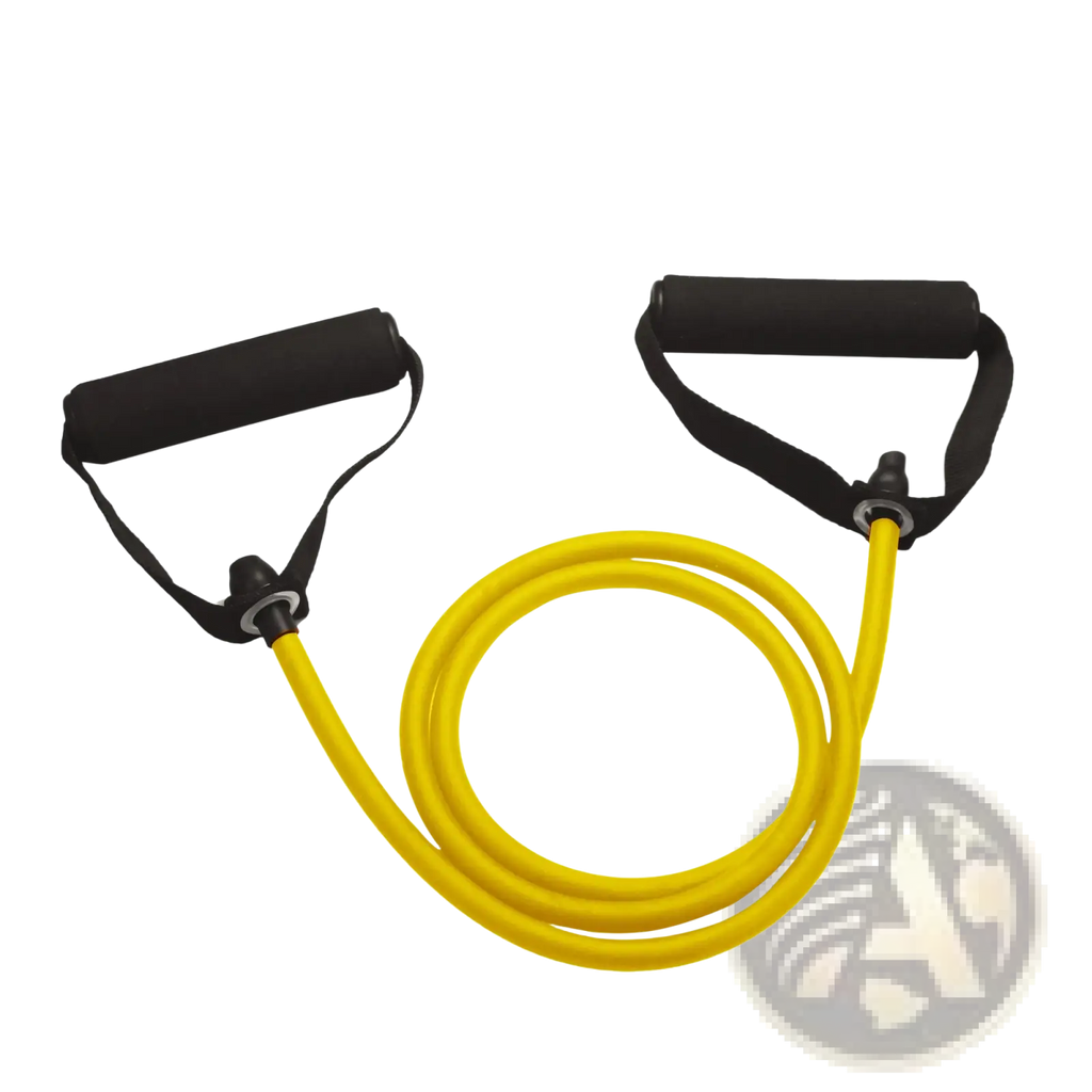 Bright yellow resistance bands with black padded handles designed for children’s strength training fitness use