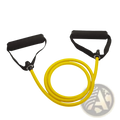 Bright yellow resistance bands with black padded handles designed for children’s strength training fitness use
