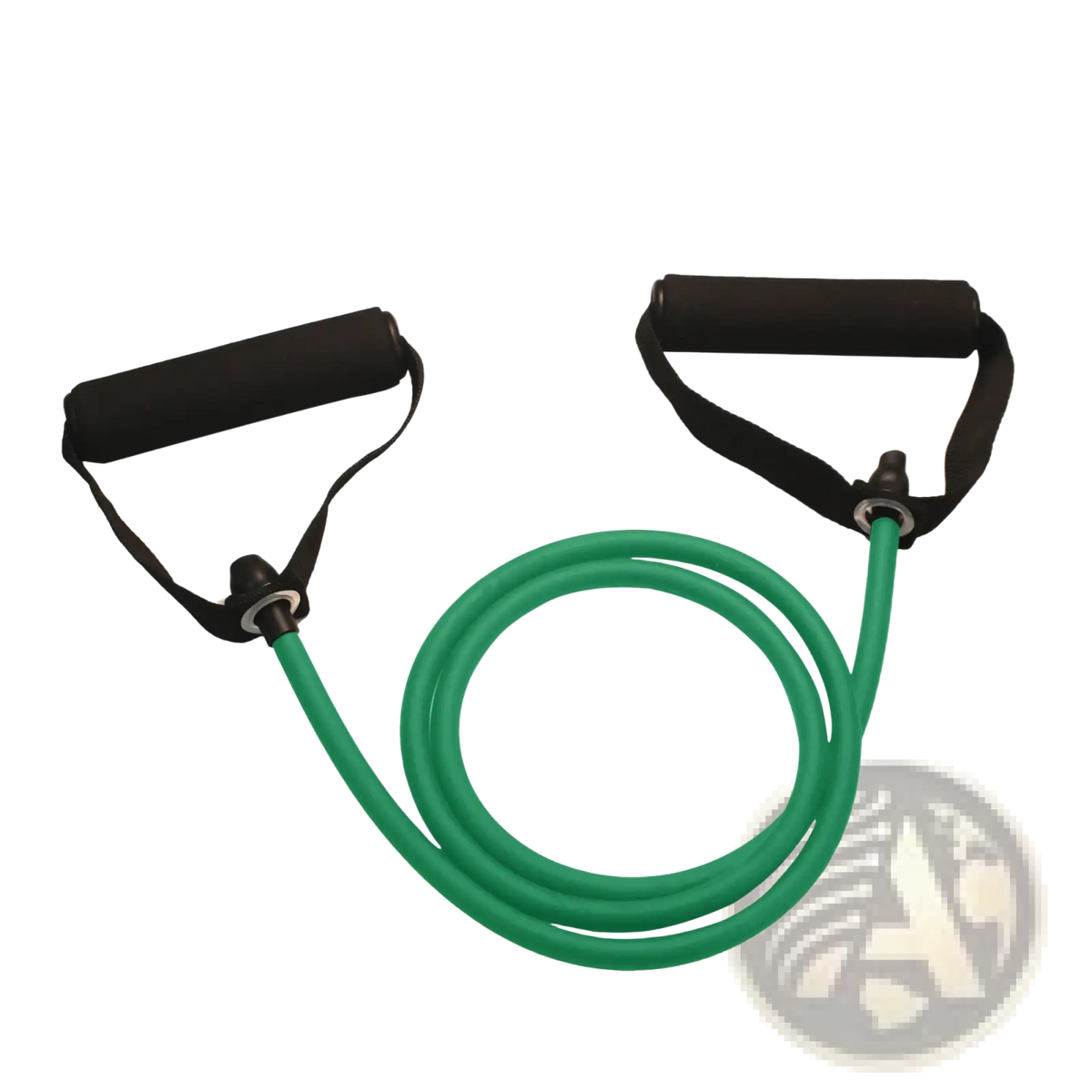 Green resistance band with black padded handles designed for beginner strength training use with handles