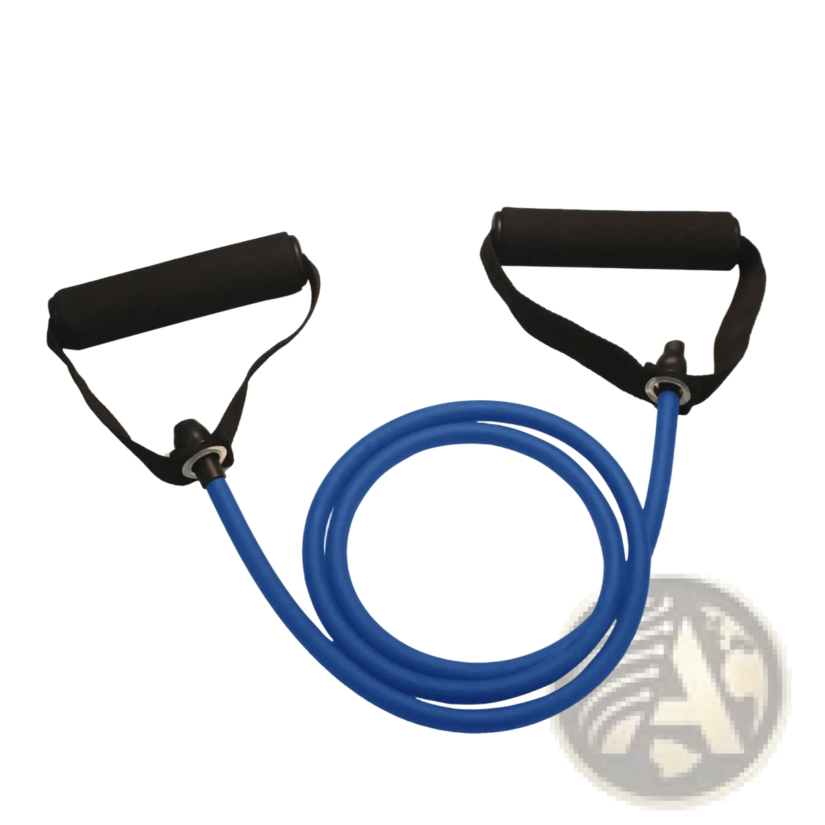 Blue 25-pound resistance band with black padded handles designed for men for strength training exercises