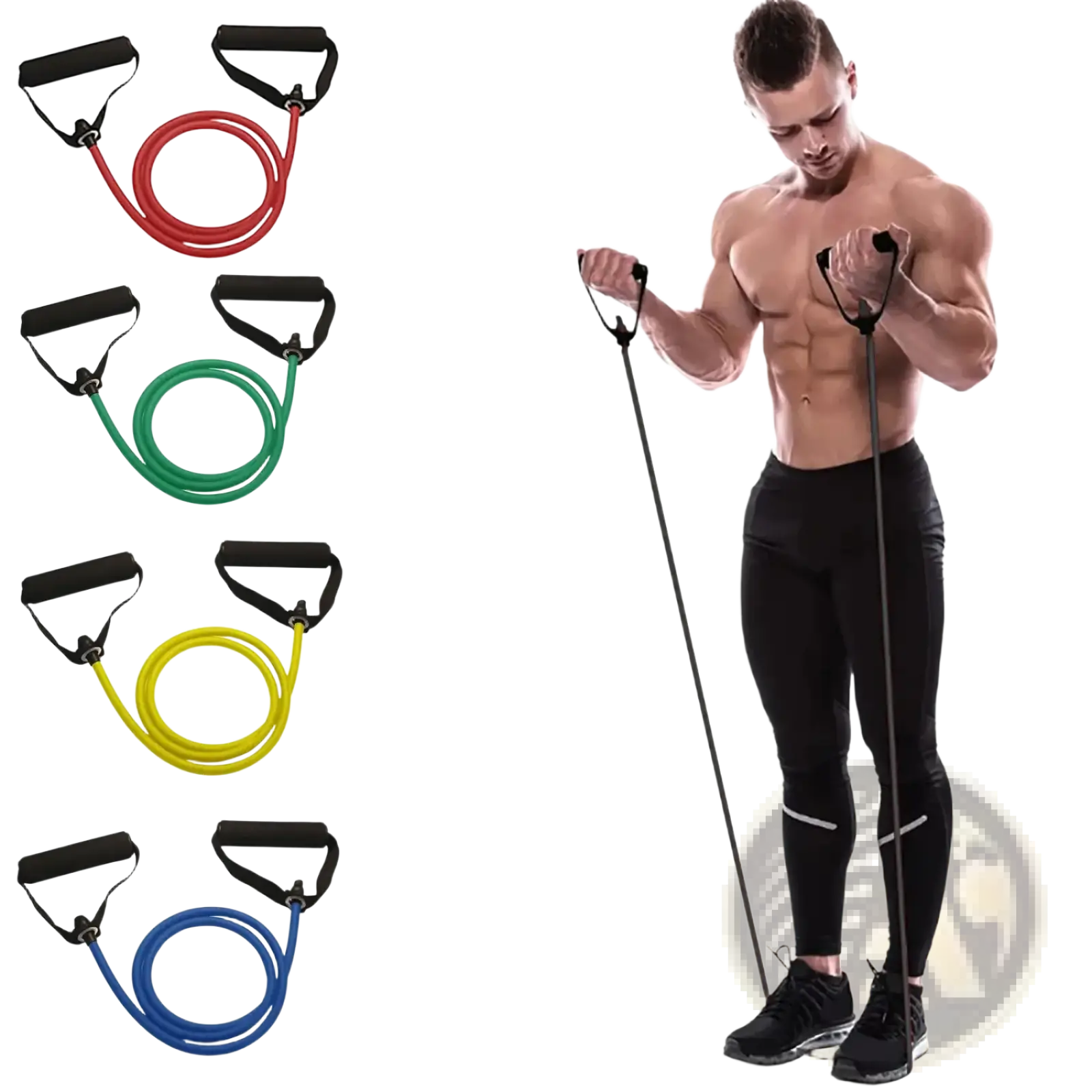 Black resistance band with black handles for strength training made of durable elastic material