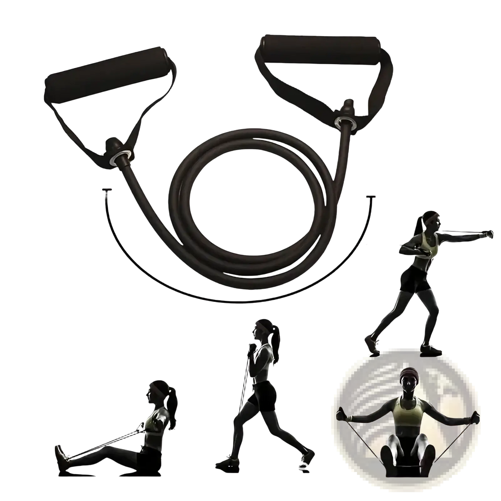 Black rubber resistance bands with padded handles coiled and ready for strength training use