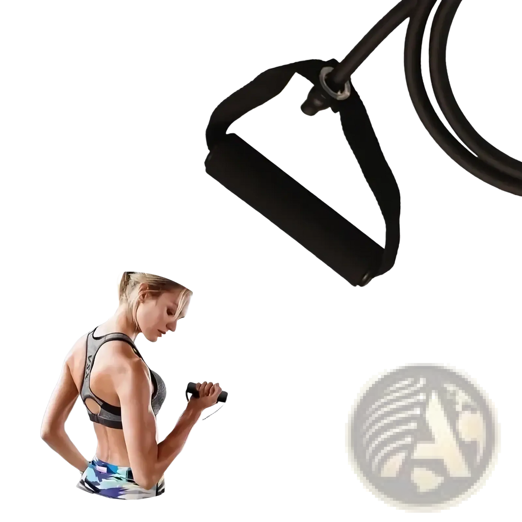 Black rubber resistance band with padded handles and coiled elastic cord for strength training exercises