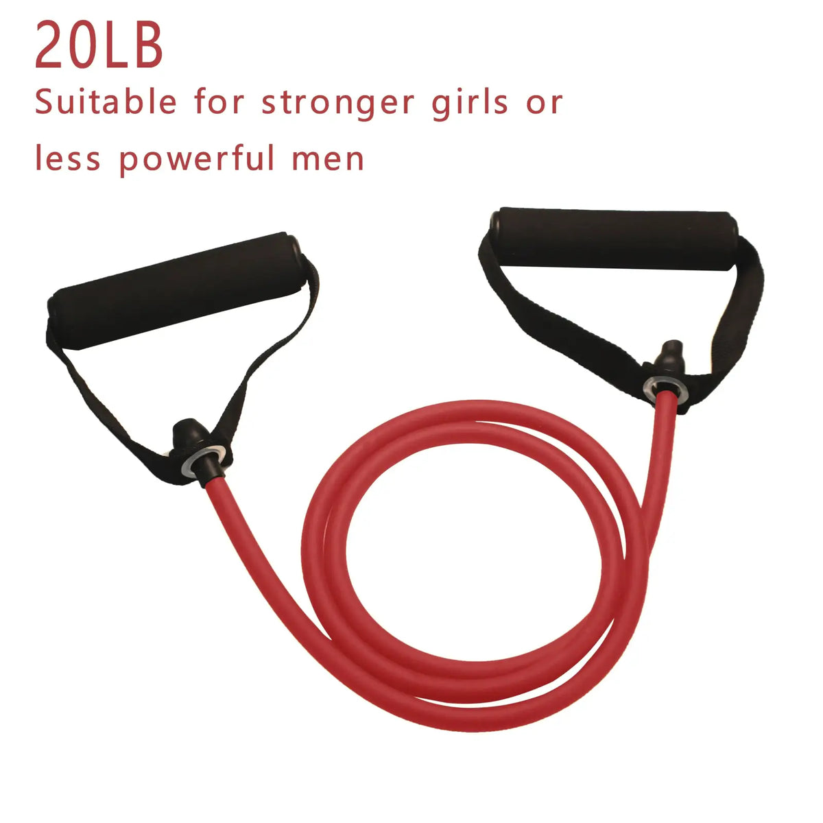 Red 20-pound resistance band with black padded handles designed for strength training and durability