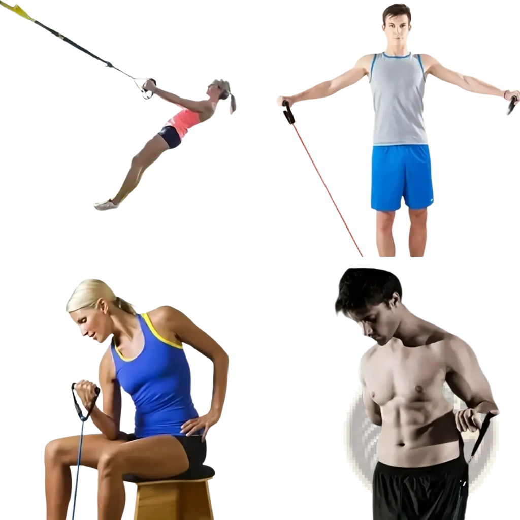 Red resistance band with black handles designed for strength training and made of durable elastic material