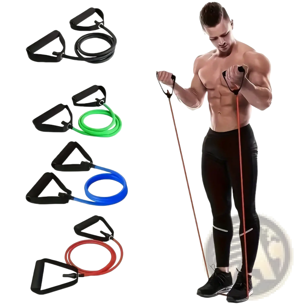 Red resistance bands with black handles made of durable material shown in use for strength training by a muscular man