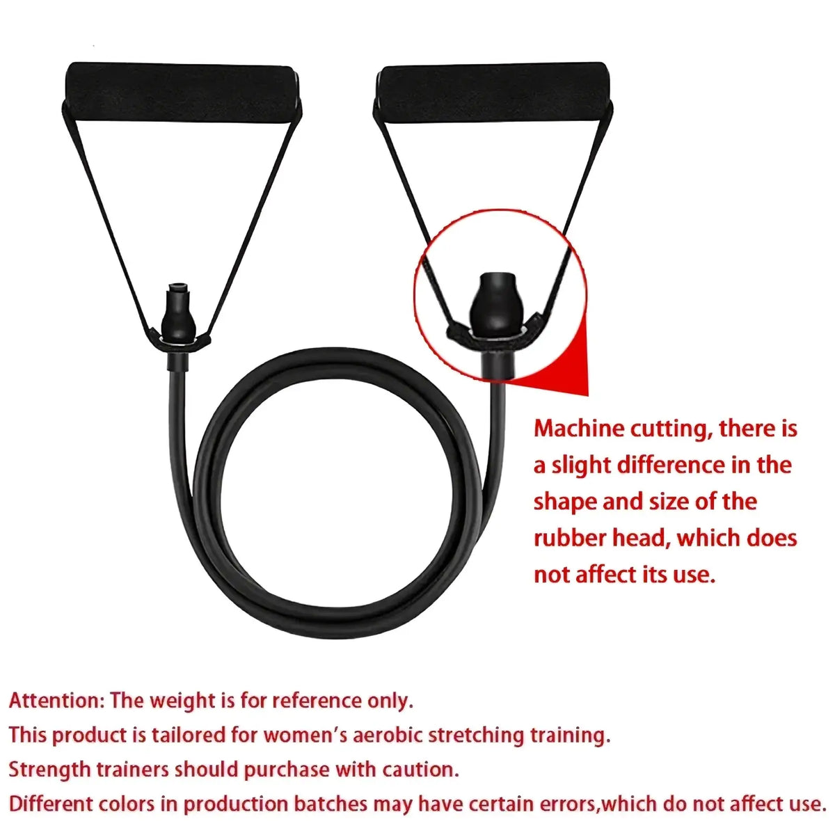 Black rubber resistance band with padded triangular handles and machine-cut rubber head for women fitness use