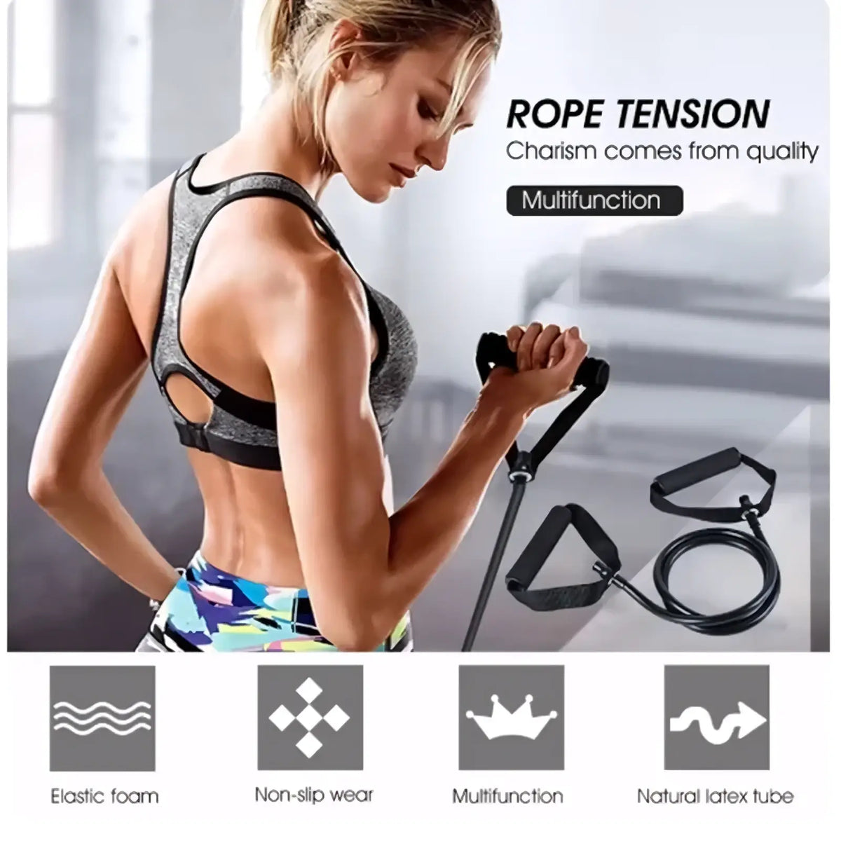 Black elastic resistance bands with padded handles and natural latex tube for women fitness training