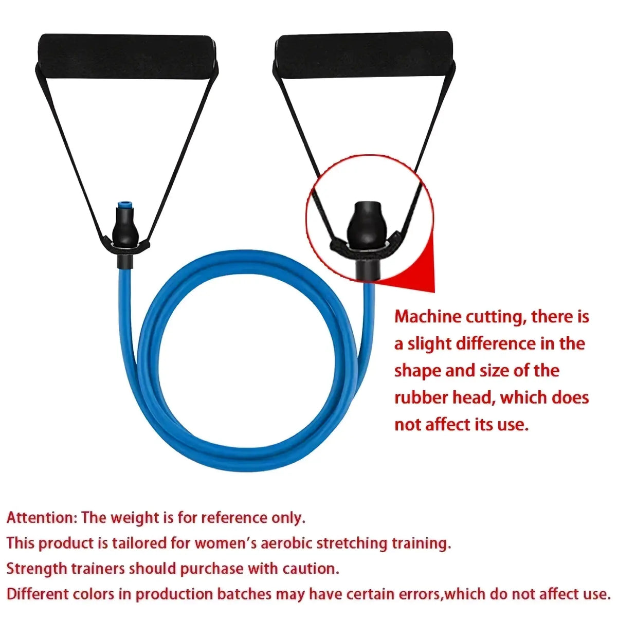 Blue resistance band with black padded handles and rubber head designed for women fitness aerobic stretching training