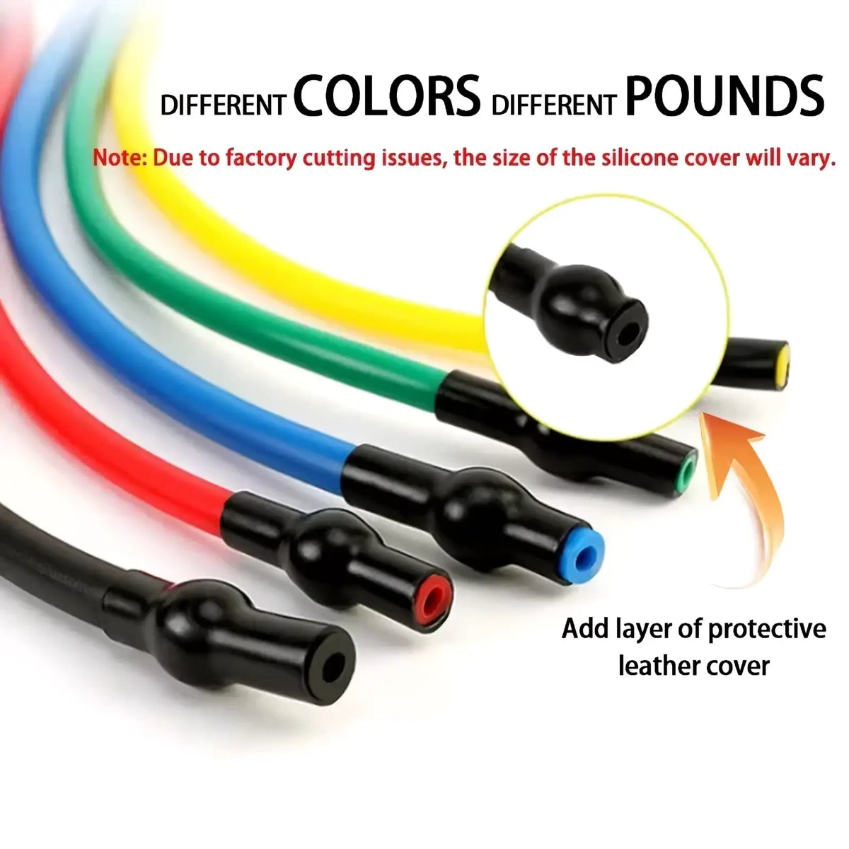 Colorful silicone resistance bands with black reinforced ends and optional leather cover for women fitness handles