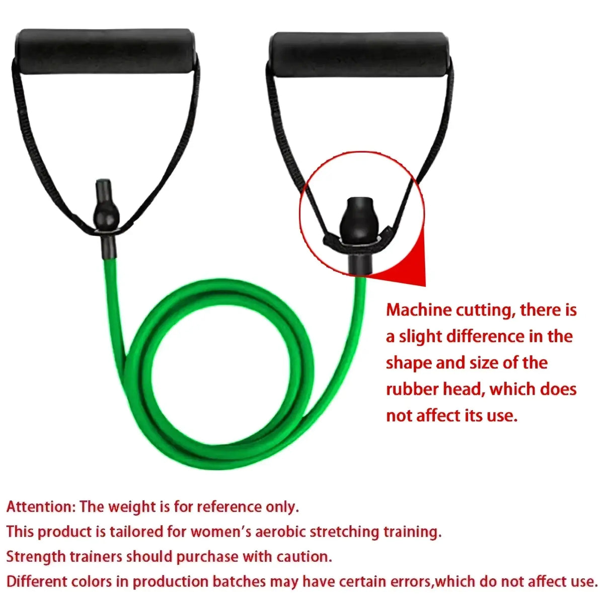 Green resistance band with black padded handles and a small plastic connector for women fitness use