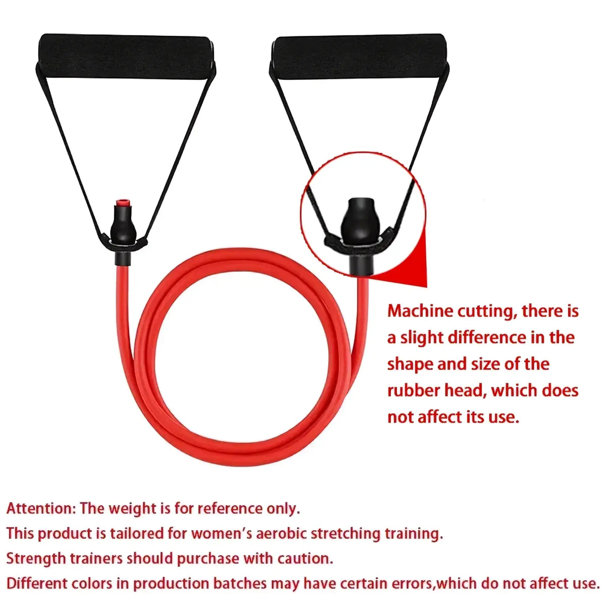 Red resistance band with black padded handles and rubber ends designed for women fitness workouts