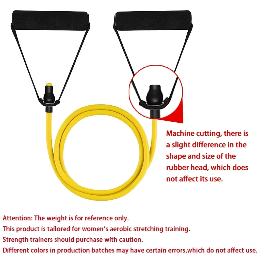 Yellow resistance band with black padded handles and a machine-cut rubber head for women fitness workouts