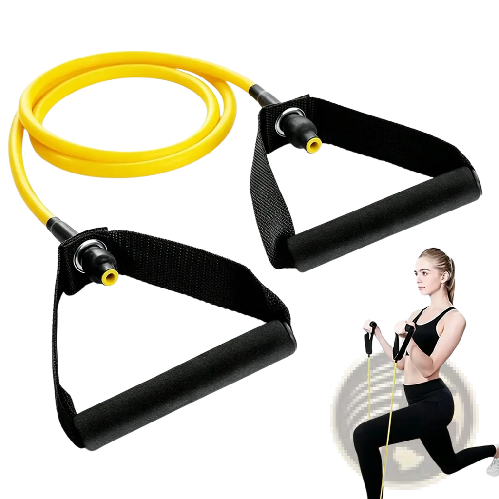 Yellow resistance band with black padded handles branded ringpeng for women fitness workouts