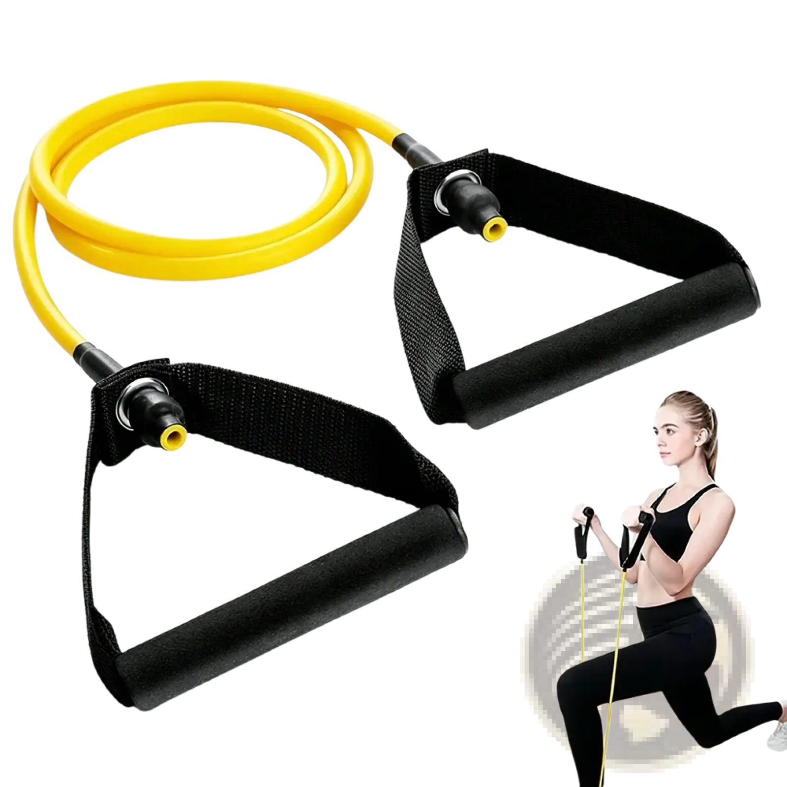 Yellow resistance band with black padded handles branded ringpeng for women fitness workouts