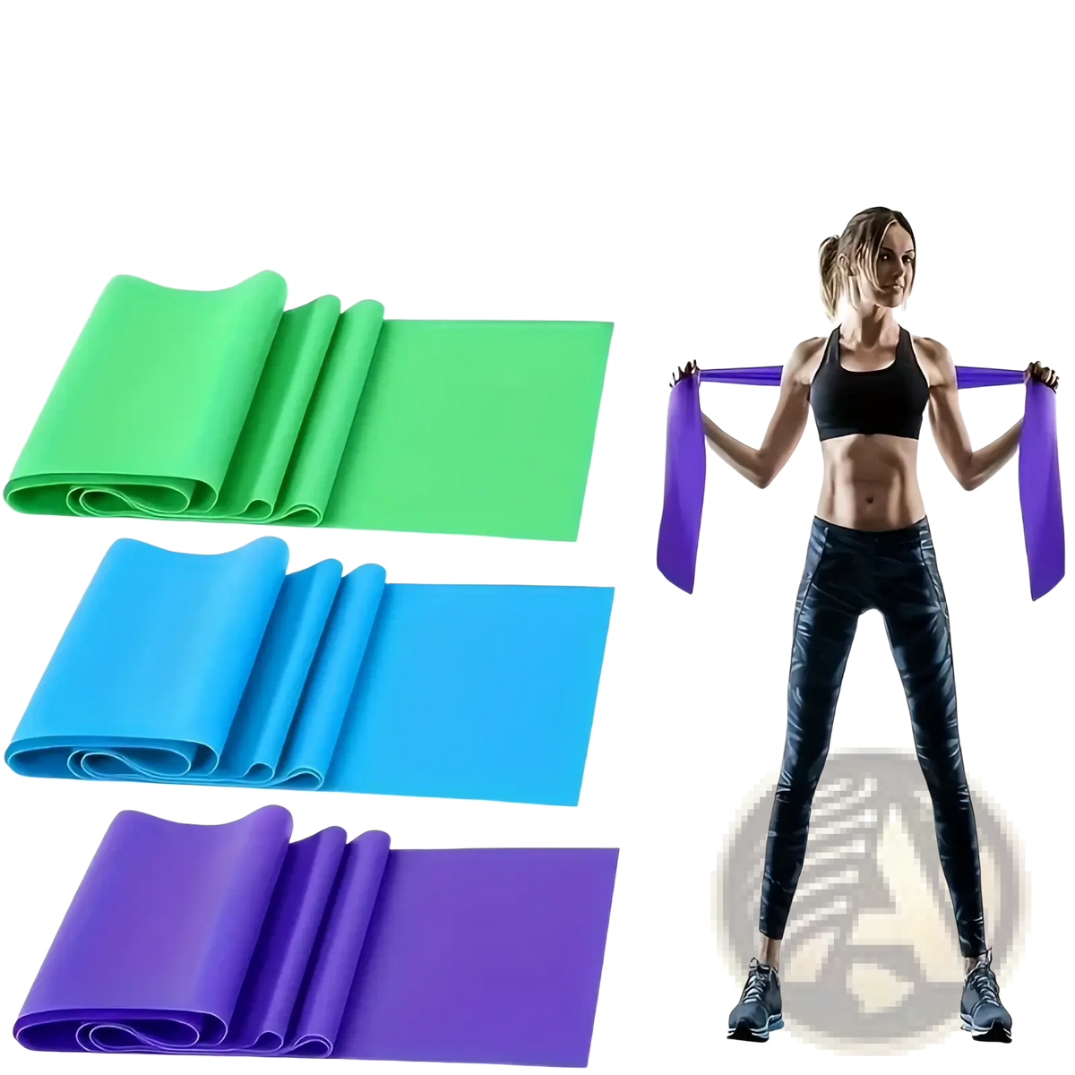 Set of three colorful elastic resistance bands in green blue and purple for fitness training exercises