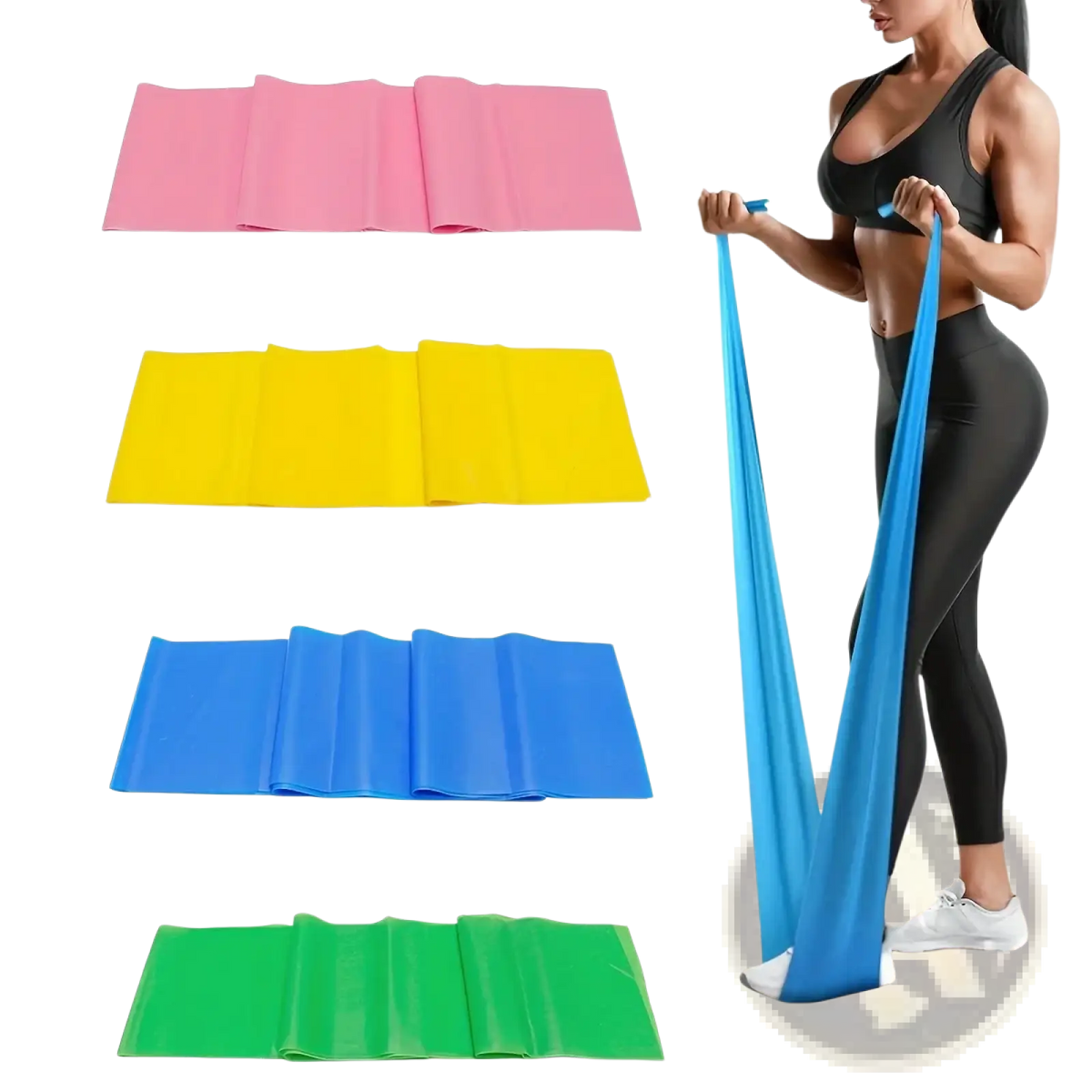 Set of four colorful pink elastic resistance bands for fitness training including yellow, blue, and green bands