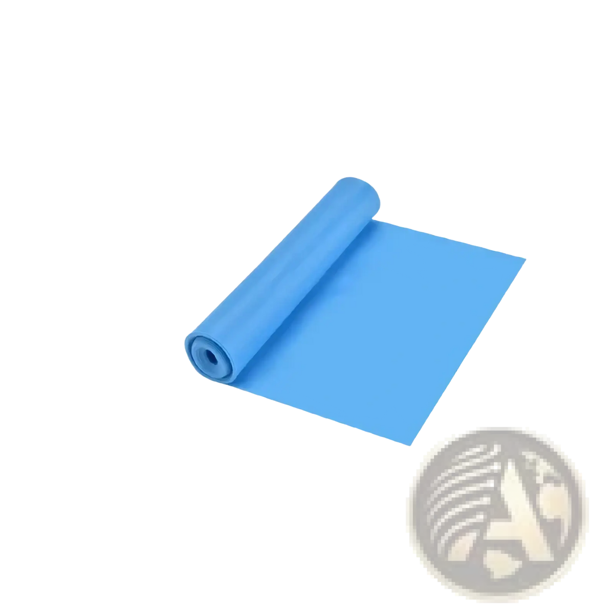 Blue yoga mat rolled up next to pink elastic resistance bands for fitness training and exercise
