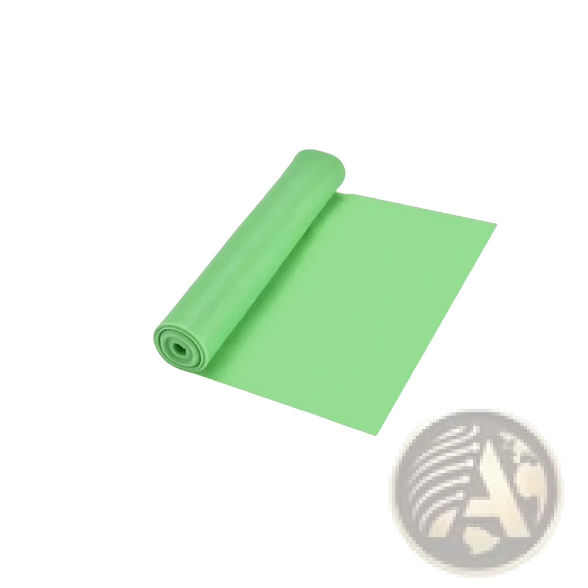 A soft light green yoga mat rolled neatly for storage paired with pink elastic resistance bands for fitness training