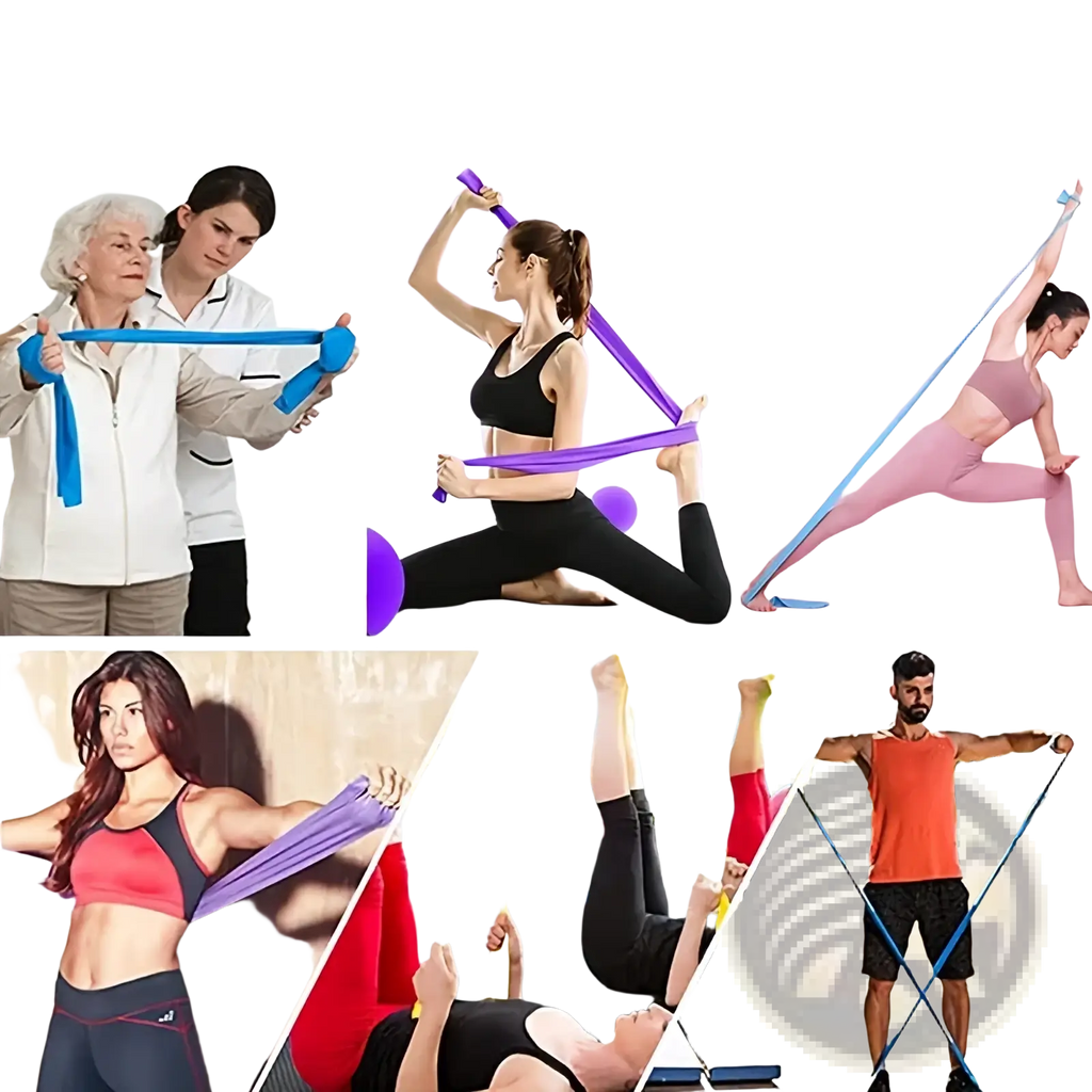 Multi-functional resistance bands in blue purple and yellow elastic material for fitness training and exercise