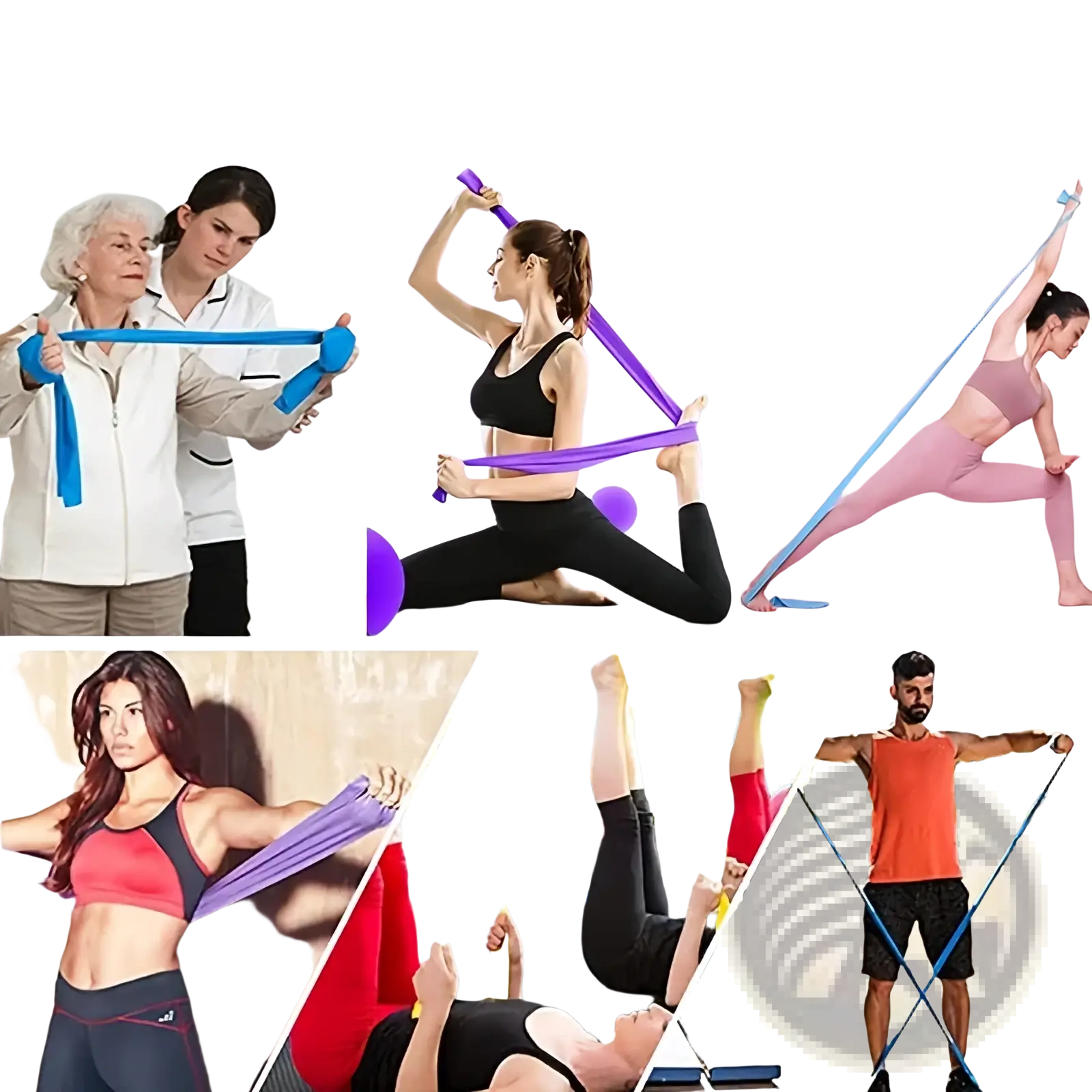Multi-functional resistance bands in blue purple and yellow elastic material for fitness training and exercise
