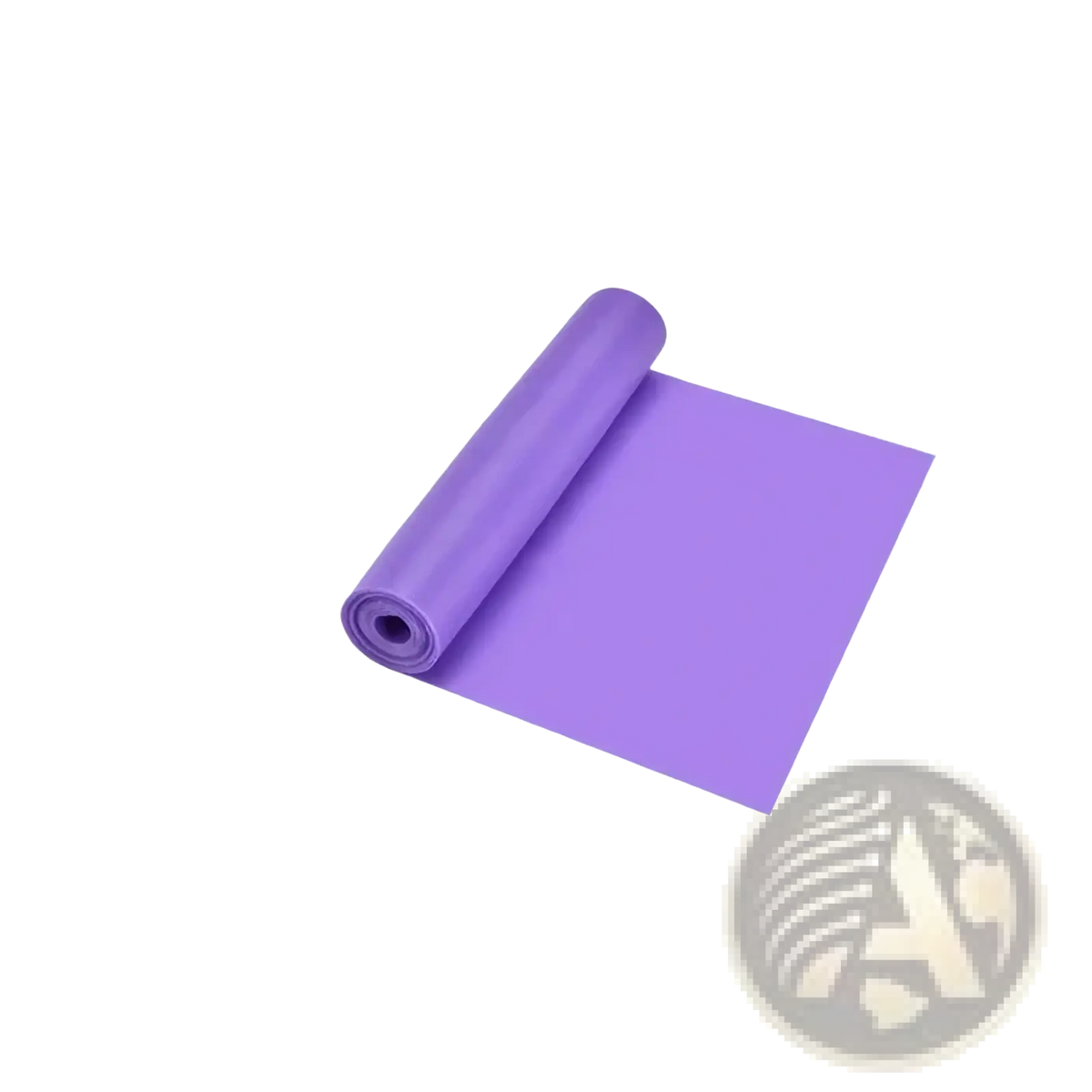 A rolled purple yoga mat with a smooth matte finish for resistance bands pink elastic fitness training