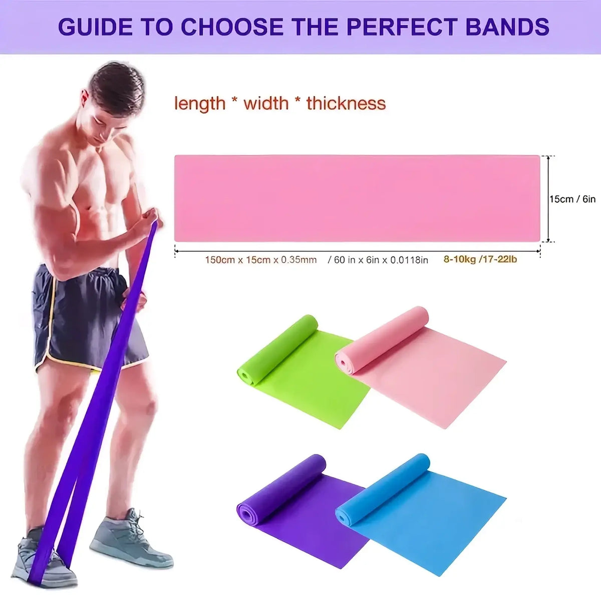 A vibrant purple elastic rubber resistance band with smooth texture and reinforced edges for fitness training use