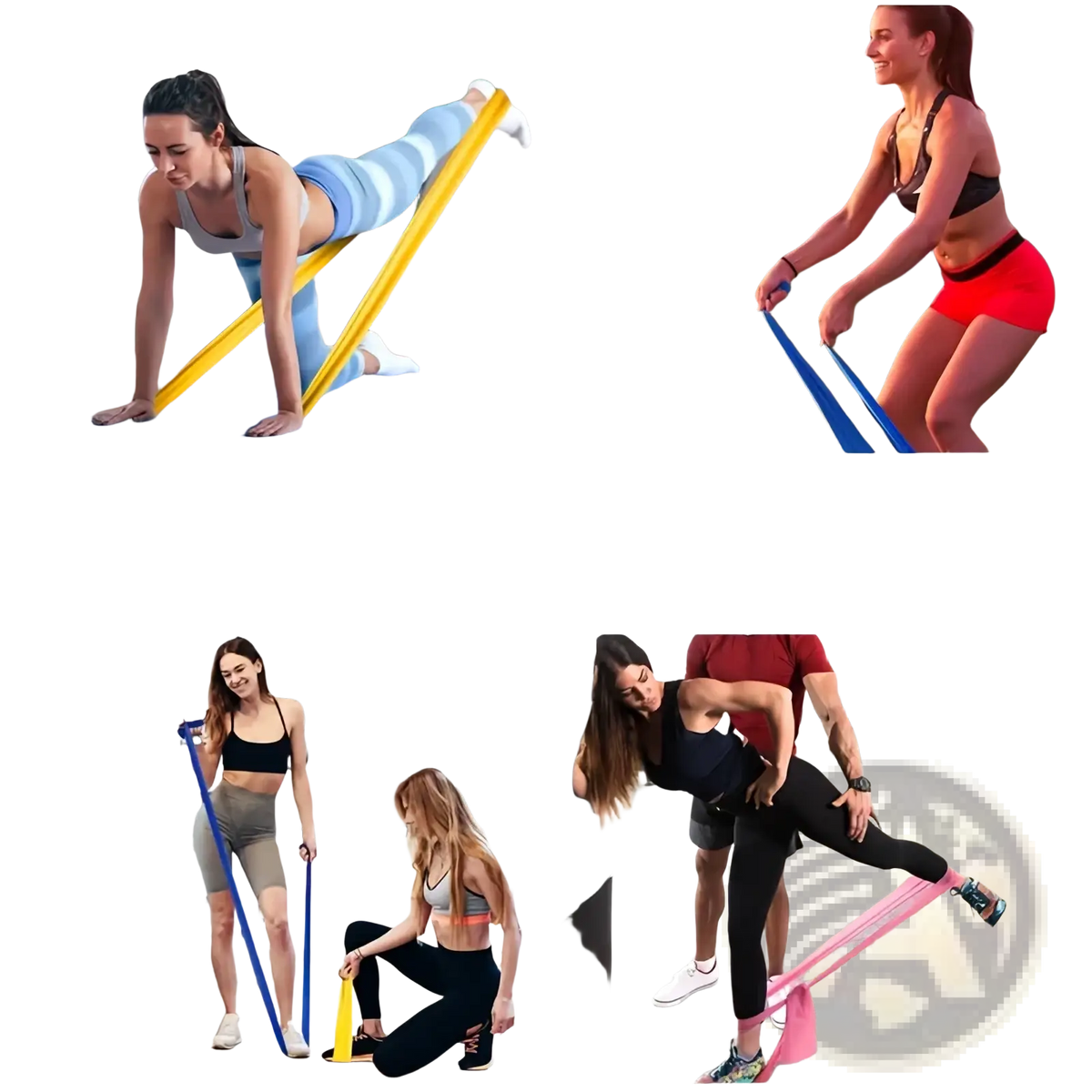 Yellow, blue, and pink elastic resistance bands for fitness training and home or gym workouts