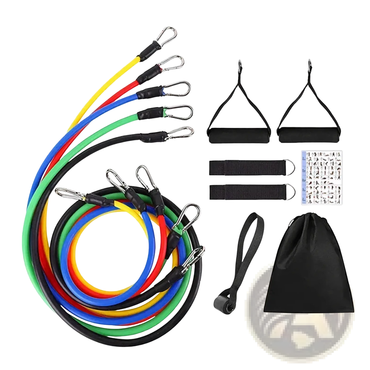 Set of colorful resistance bands with metal carabiners and black padded handles alongside storage bag for fitness workout