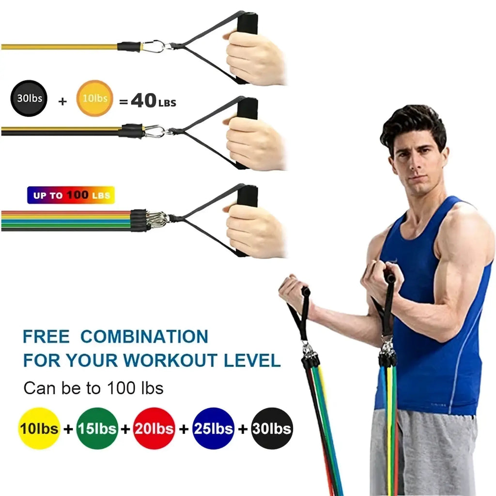 Colorful resistance bands set with black handles and adjustable weight options up to 100 lbs for fitness workouts