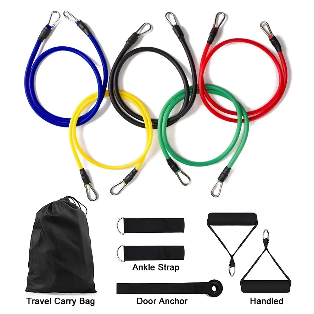 Set of colorful 100lbs resistance bands with metal carabiners and workout accessories for fitness training