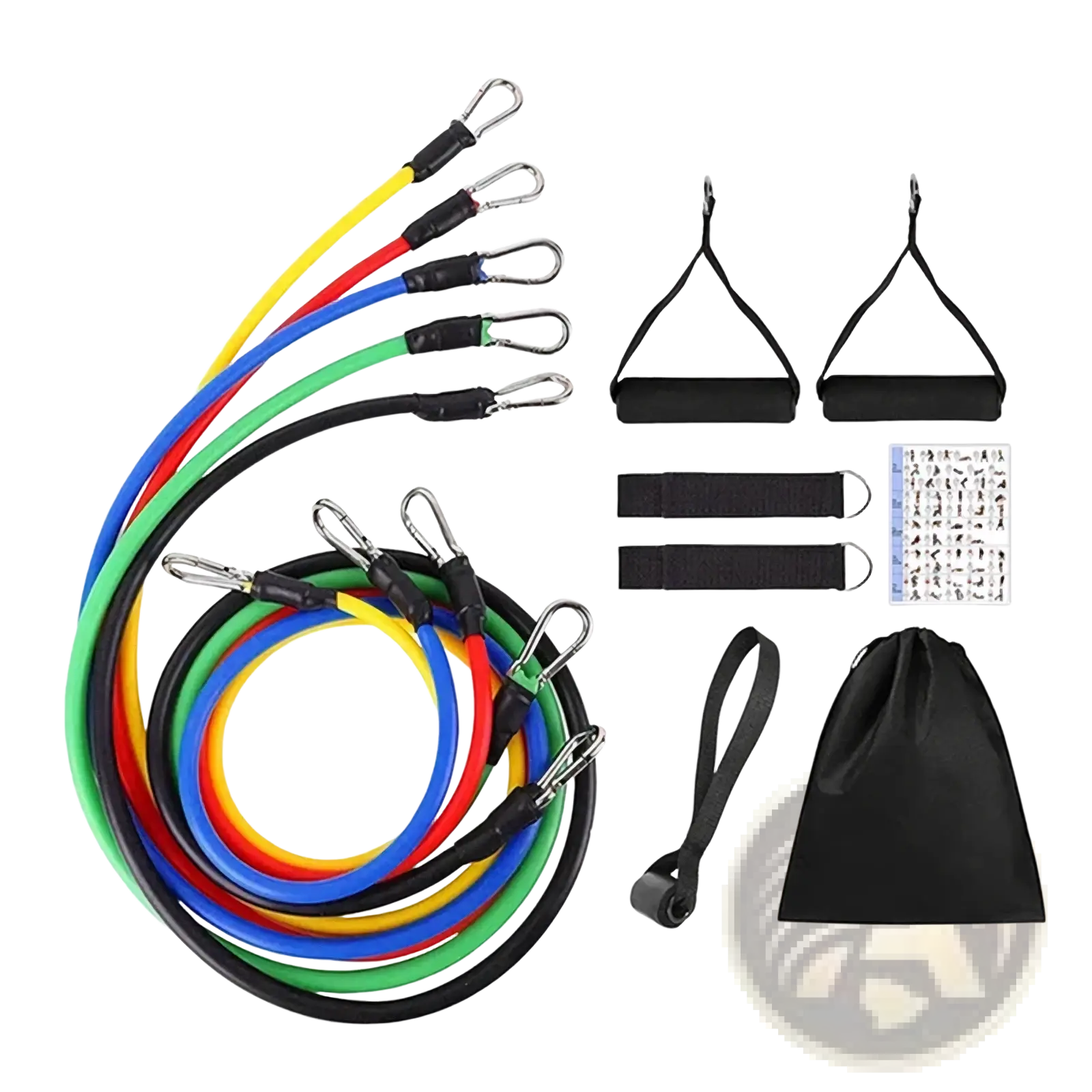 Set of colorful resistance bands 100lbs with metal carabiners black padded handles and storage bag for fitness workouts