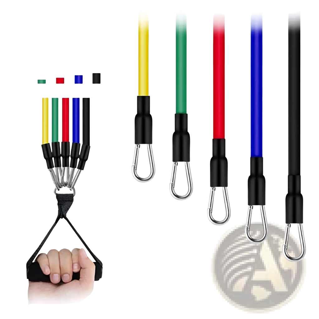 Set of five colorful resistance bands with black handles and metal carabiners labeled 10 to 30 lbs for fitness workout