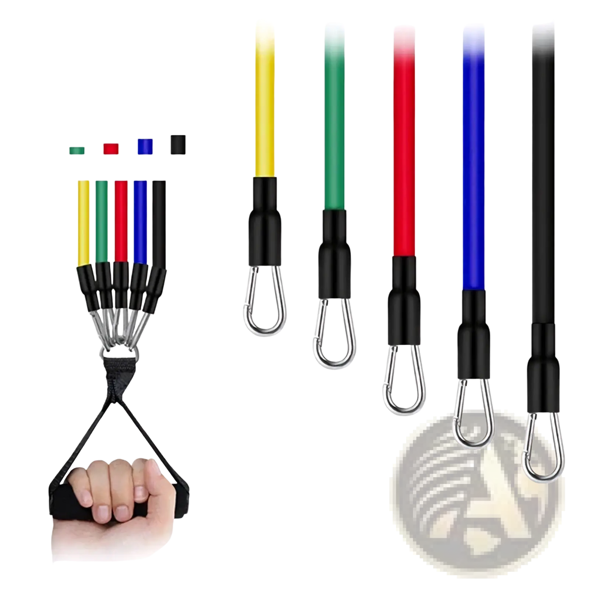 Set of five colorful resistance bands with black handles and metal carabiners labeled 10 to 30 lbs for fitness workout