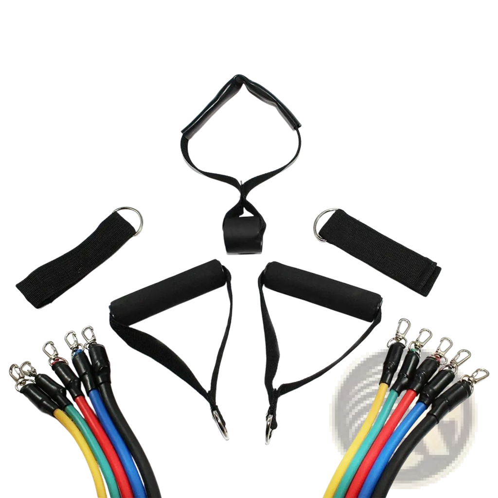 Black fabric resistance bands set with colorful elastic cords and metal hooks for fitness workout tubes 115 lbs resistance