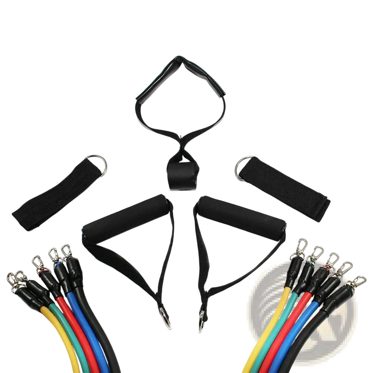 Black fabric resistance bands set with colorful elastic cords and metal hooks for fitness workout tubes 115 lbs resistance
