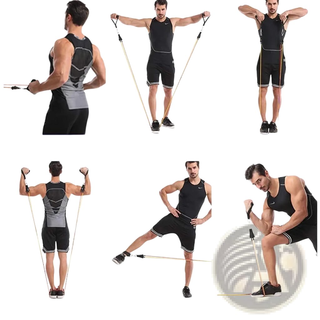 Resistance bands set 115 lbs with black and gray tubes and yellow handles for versatile fitness workout exercises