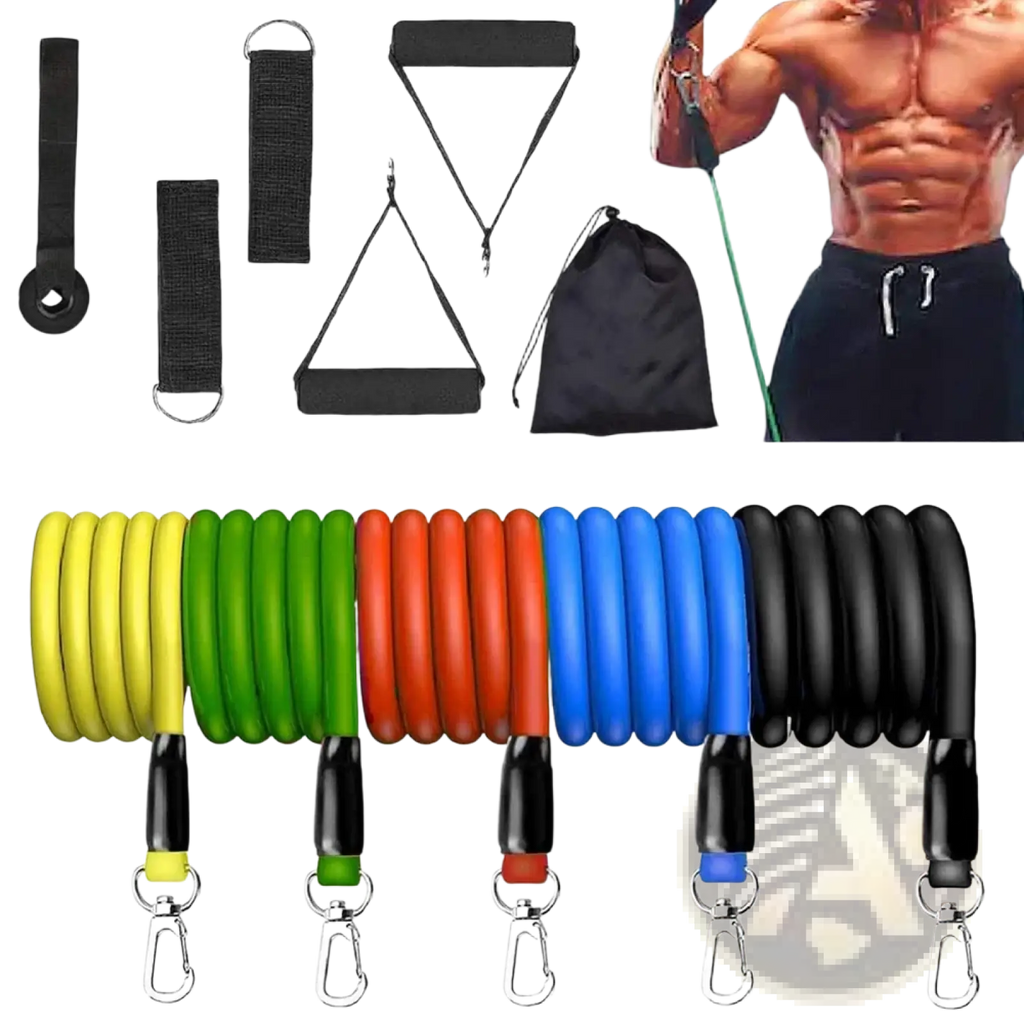 Set of colorful resistance bands with black handles and silver carabiner clips for 115 lbs fitness workout tubes