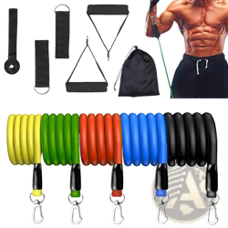 Set of colorful resistance bands with black handles and silver carabiner clips for 115 lbs fitness workout tubes