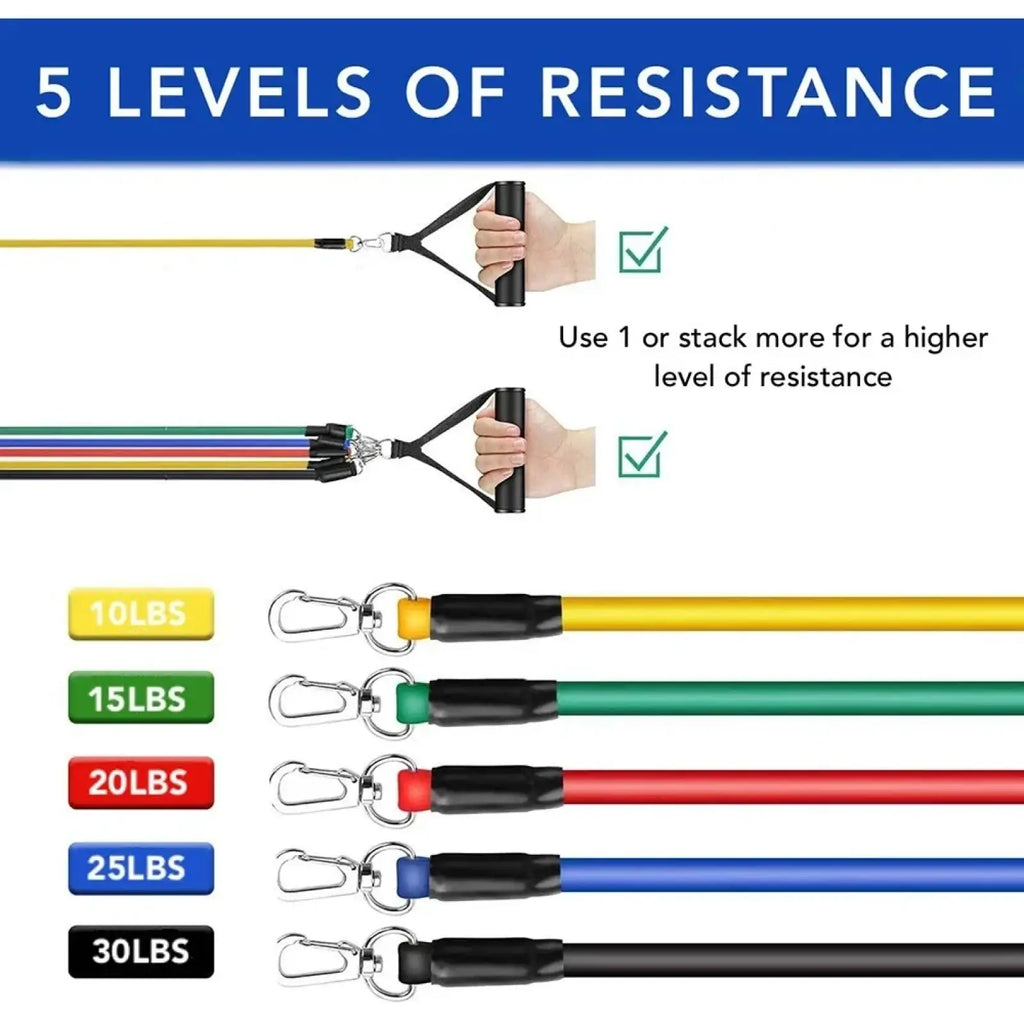 Set of five colorful resistance bands with black handles and metal carabiners labeled by weight for fitness workouts