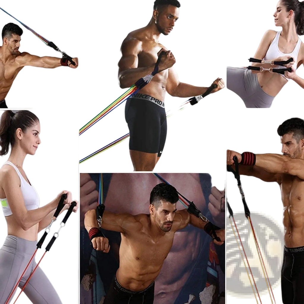 Multicolored resistance bands set 115 lbs with black handles and nikepro branding for fitness workout use