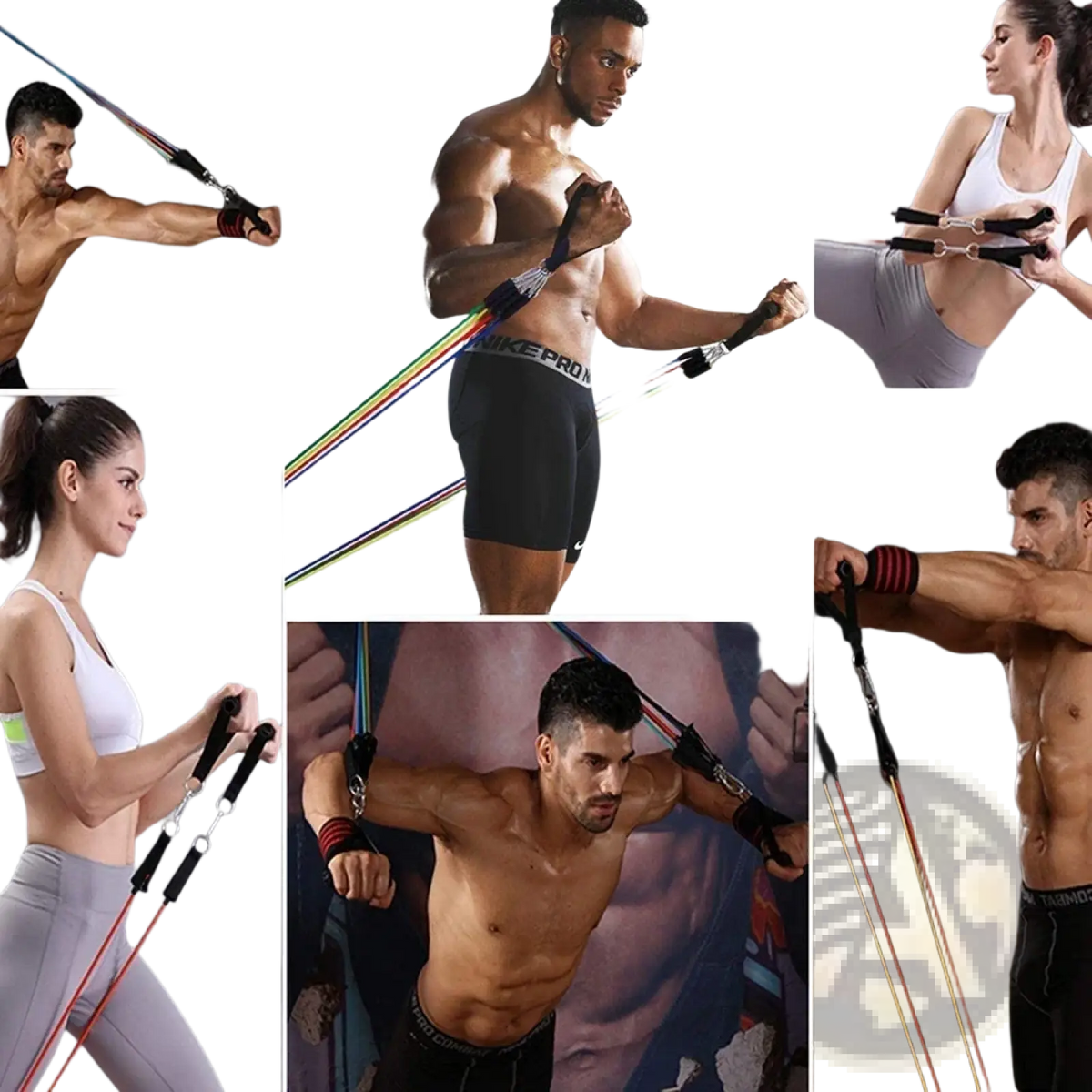 Multicolored resistance bands set 115 lbs with black handles and nikepro branding for fitness workout use
