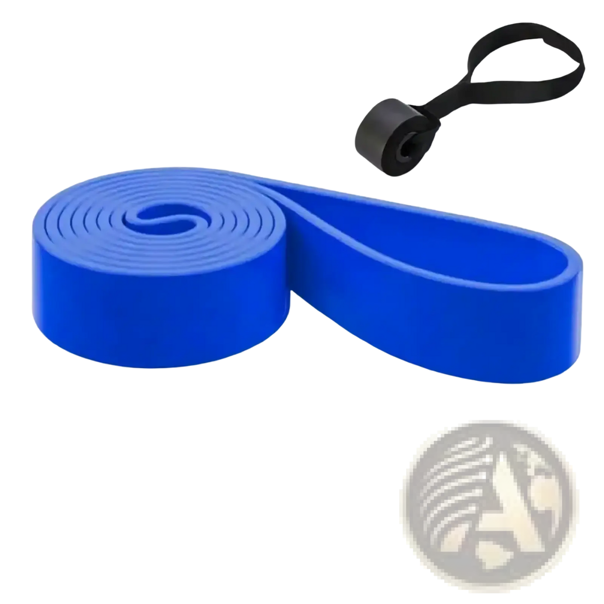Bright blue resistance band with black handle designed for strength training in 5 to 120 pounds home workout set