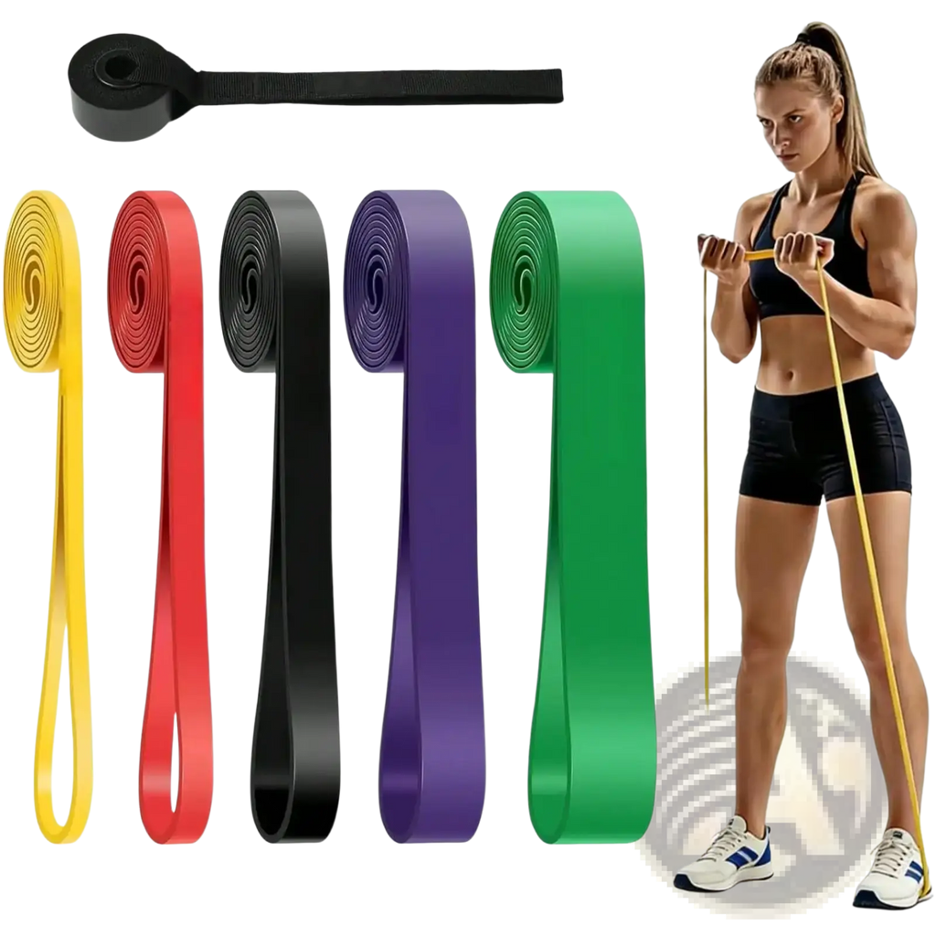 Resistance bands set 5-120lbs with colorful yellow red black purple and green bands and a black looped handle for home workout