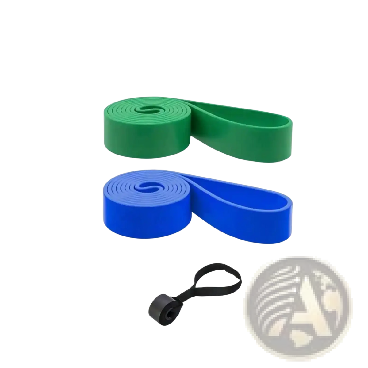 Set of two resistance bands in green and blue with black handle attachment for home workout 5-120lbs resistance levels