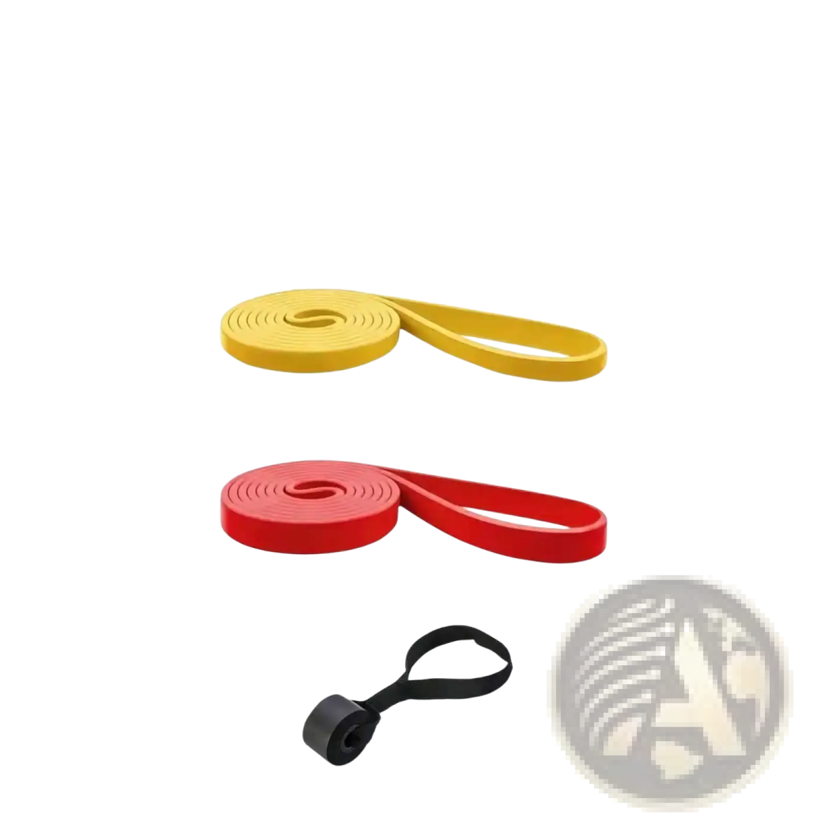 Yellow and red resistance bands with a black looped handle for home workout offering 5-120lbs tension range