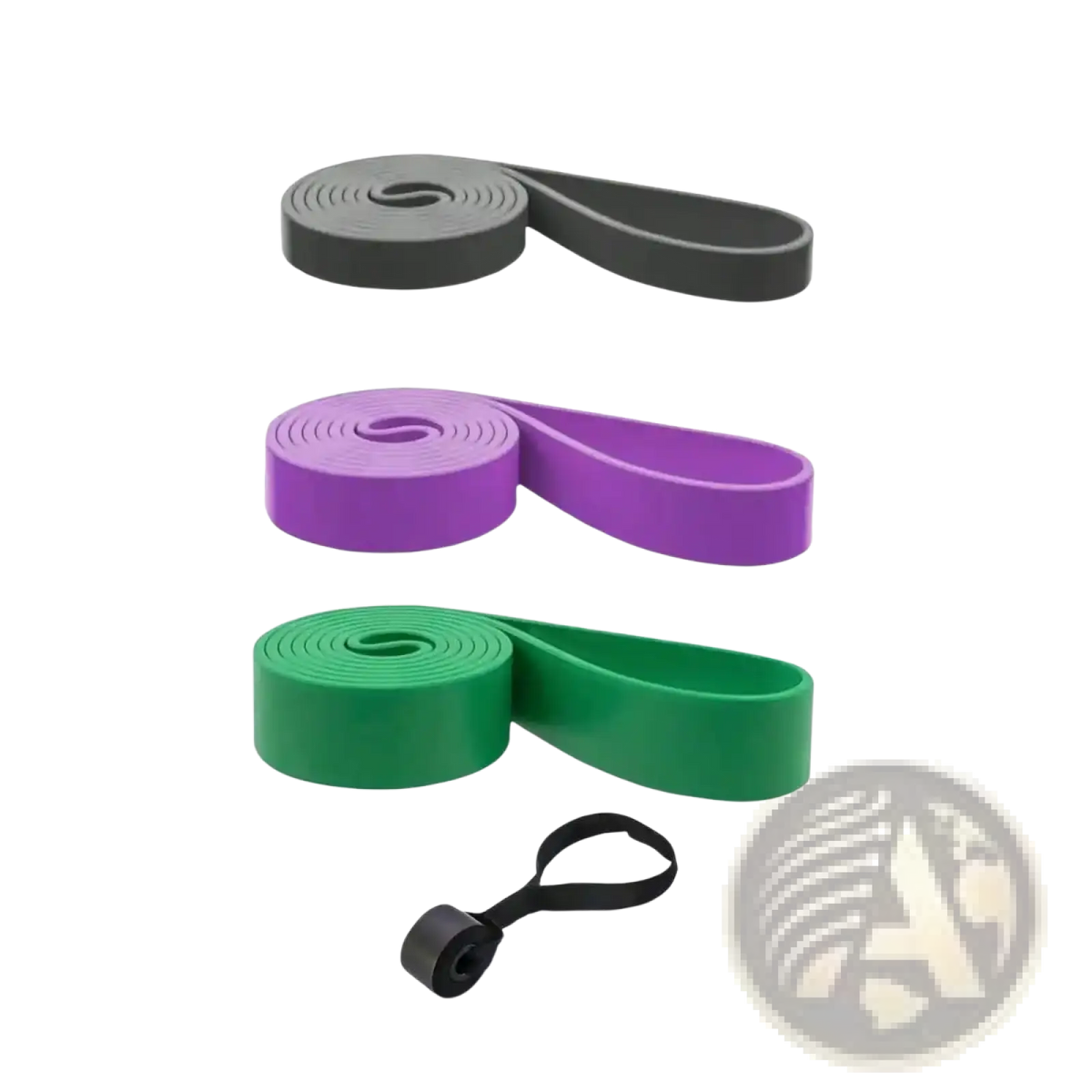 Set of three colorful resistance bands in black purple and green with a black looped handle for home workout