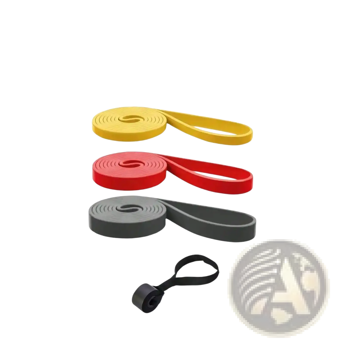 Set of three resistance bands in yellow red and gray with black looped handle for home workout 5-120lbs