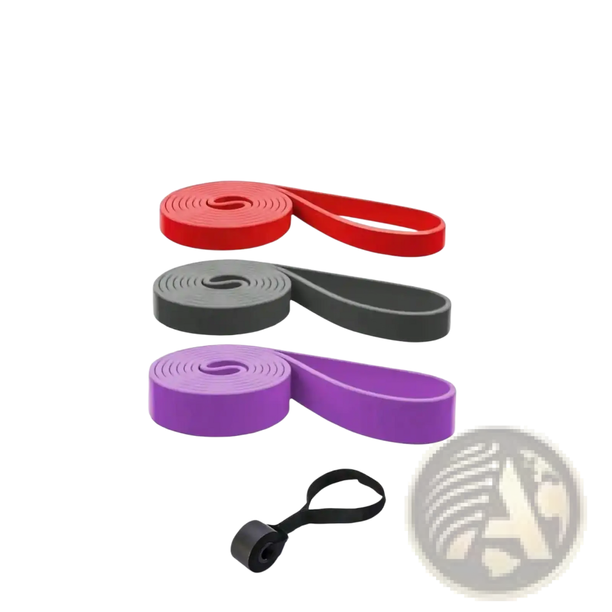 Set of three colorful resistance bands in red gray and purple with a black loop attachment for home workout use