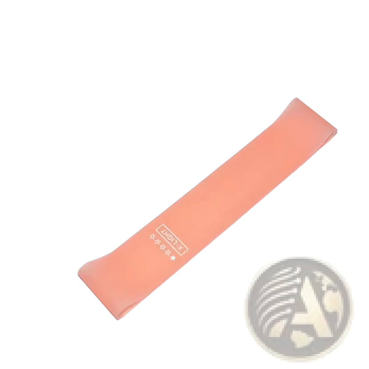 A peach-colored elastic resistance band with smooth texture and printed branding for fitness and pilates use